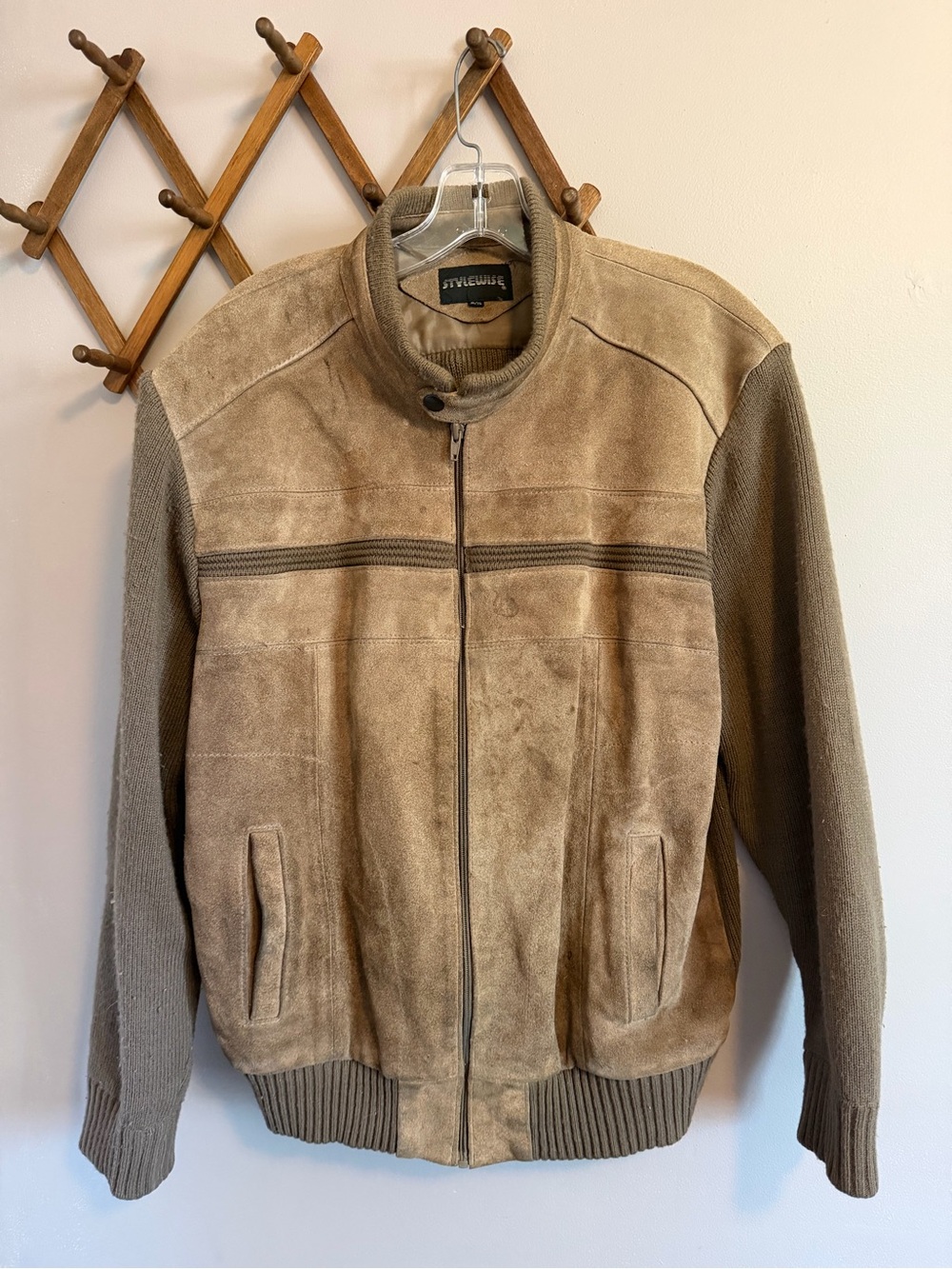 Stylewise Vintage Suede Knit Mixed Media Bomber Jacket Tan XL